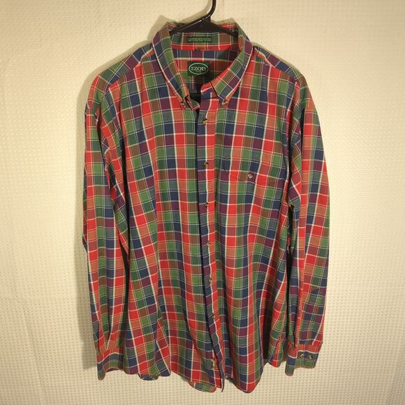Izod L Plaid Button Down Shirt Men’s Long Sleeve Red Green Blue Cotton Blend VTG - Picture 1 of 4